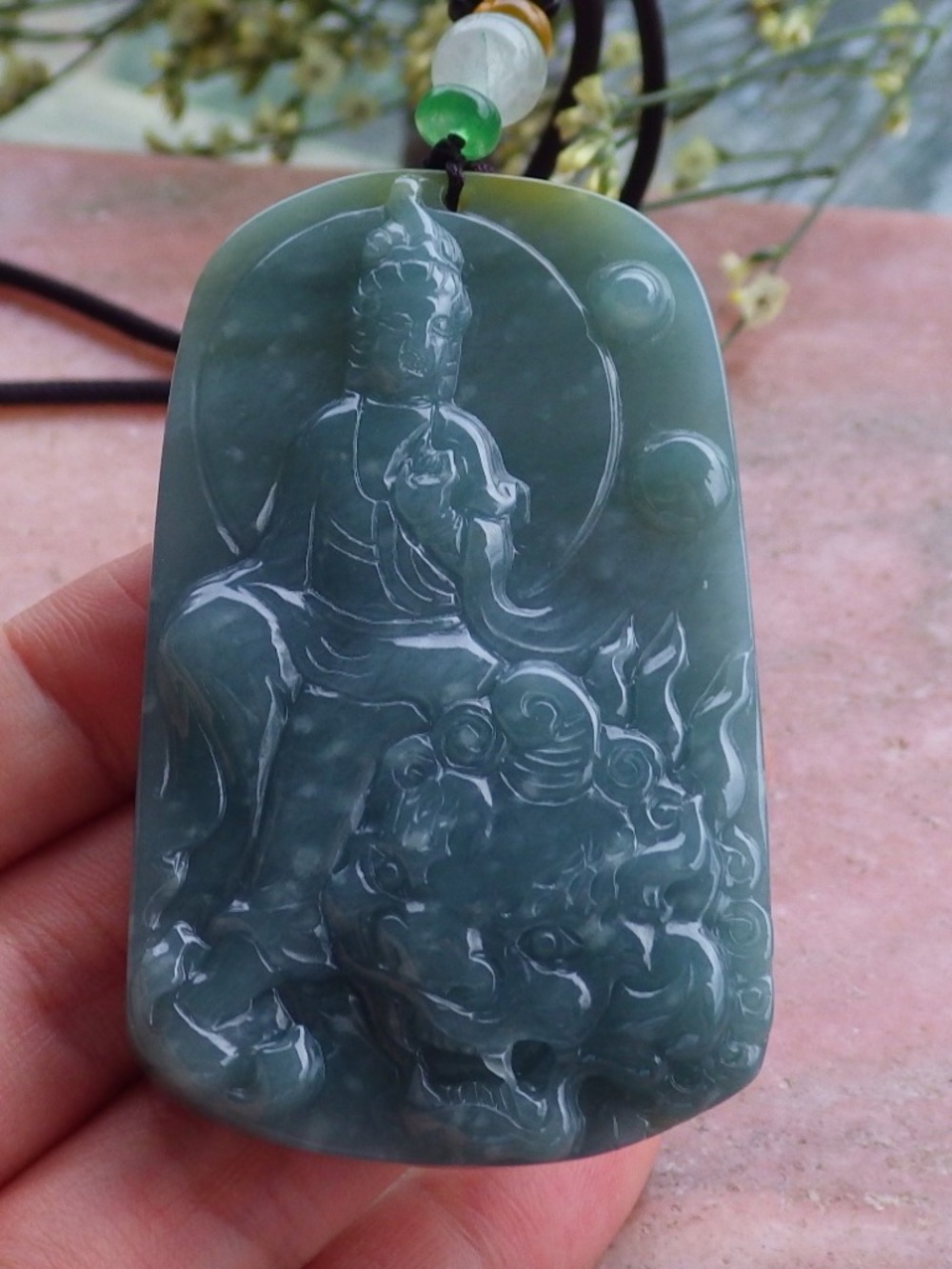 Certified Natural A Jade Jadeite Dragon Guanyin Kwan Yin Flower Lotus Pendant
